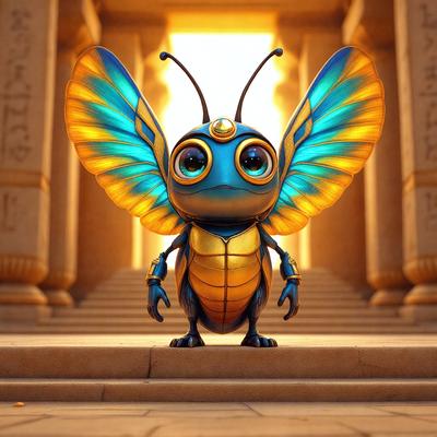 The primary subject of the image is a small, colorful, and cute blue and yellow butterfly. The butterfly is standing on a step, with a sunny background illuminating the scene. The visual style of the image is a digital art or illustration, giving it a vibrant and lively appearance. The dominant colors in the image are blue and yellow, creating a cheerful and lively atmosphere.